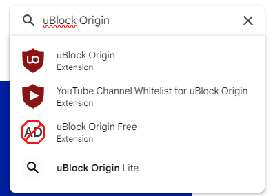 Google Chrome Web Store search for uBlock Origin.