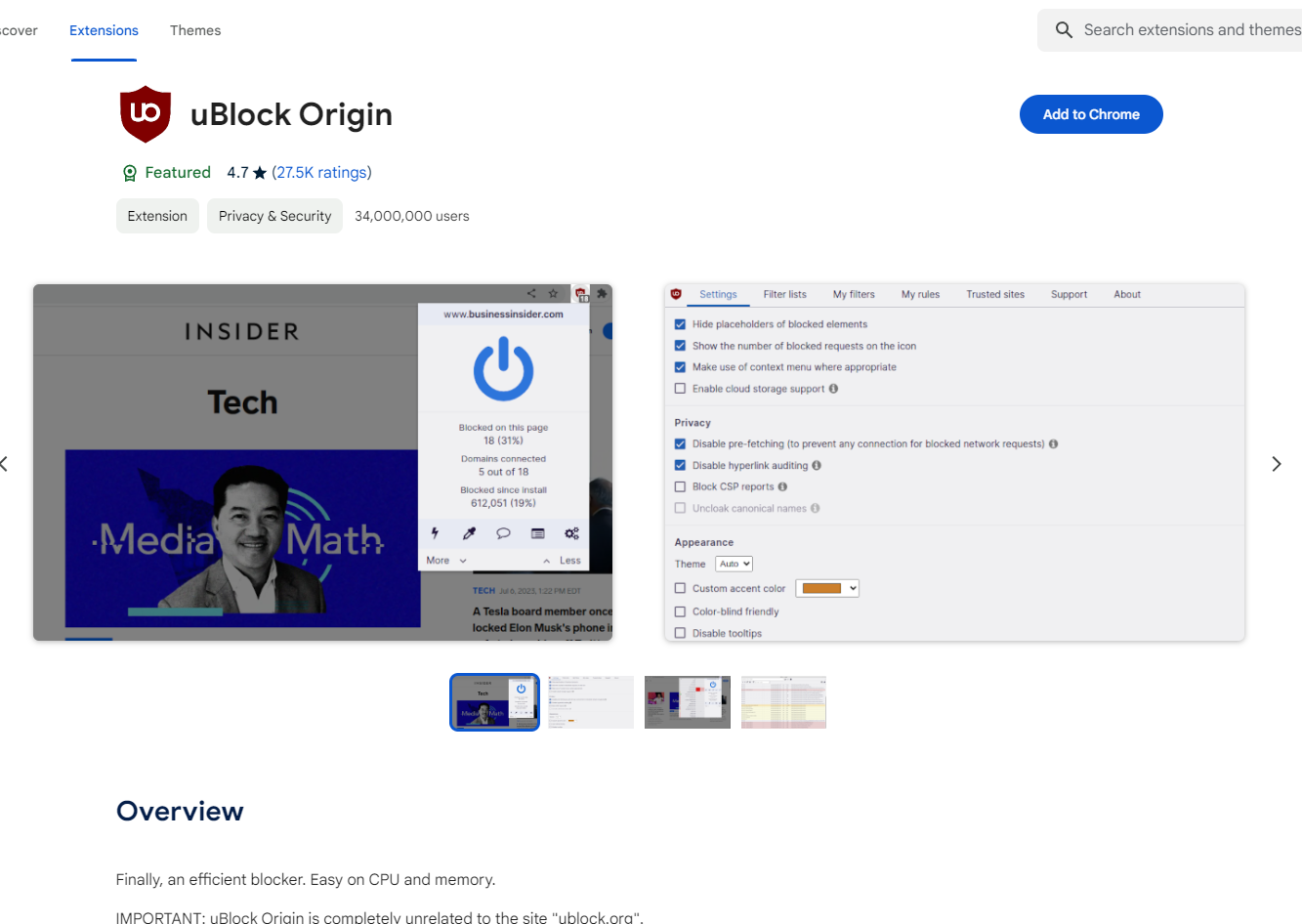 Screenshot of the uBlock Origin Google Chrome Web Store page.