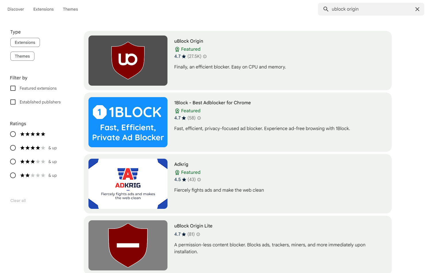 Google Chrome Web Store search results for uBlock Origin.