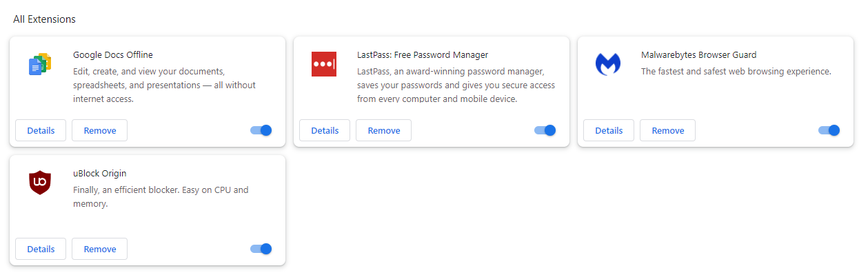 Example of the Google Chrome extension page.